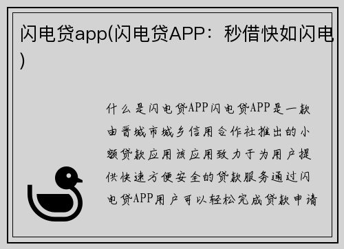 闪电贷app(闪电贷APP：秒借快如闪电)